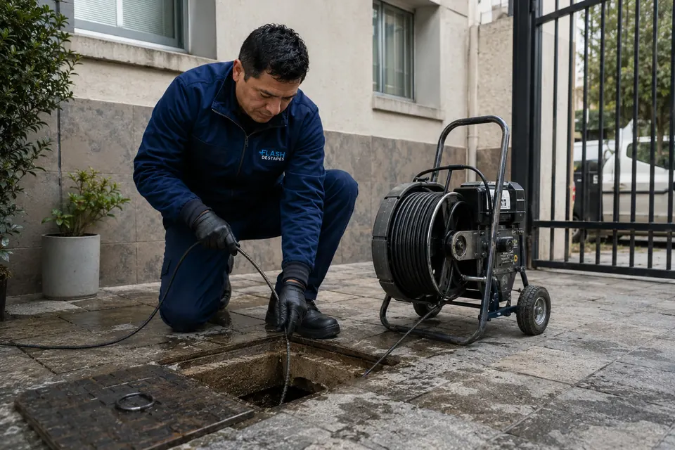 Técnico trabajando en una cámara de inspección abierta en la entrada de una casa, junto a una máquina con carrete de manguera