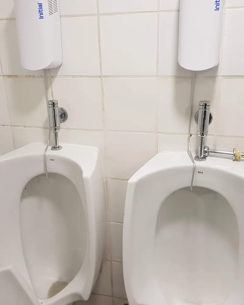 Dos urinarios blancos en un baño de uso público con muros de cerámica, antes de empezar el destape