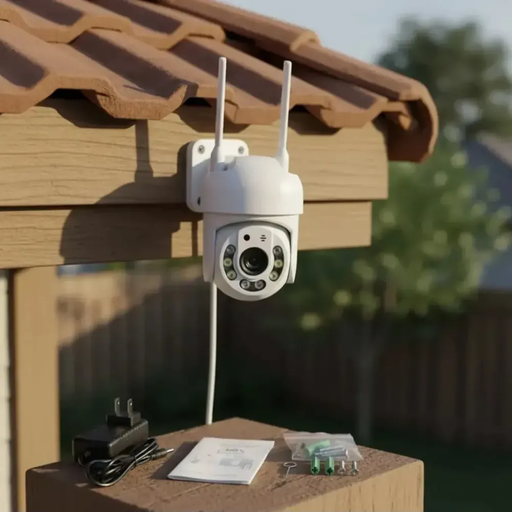 Cámara WiFi con antenas bajo el alero de un techo de tejas
