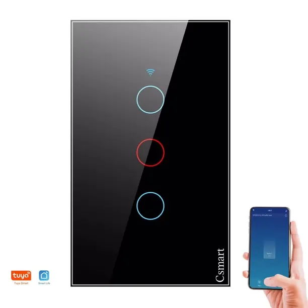 Interruptor táctil inteligente de tres botones con su app en el celular
