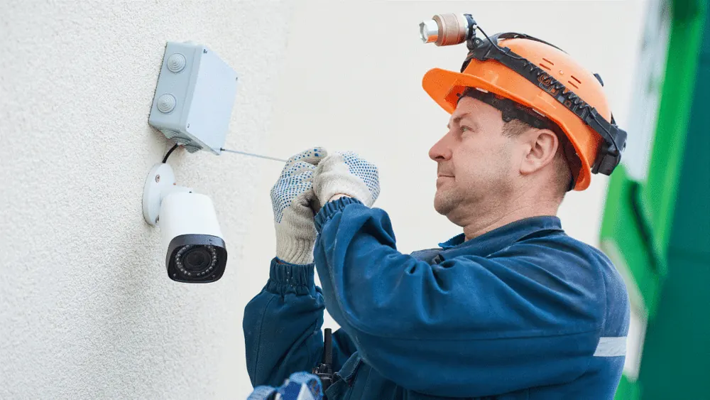 Técnico instalando una cámara en un muro exterior