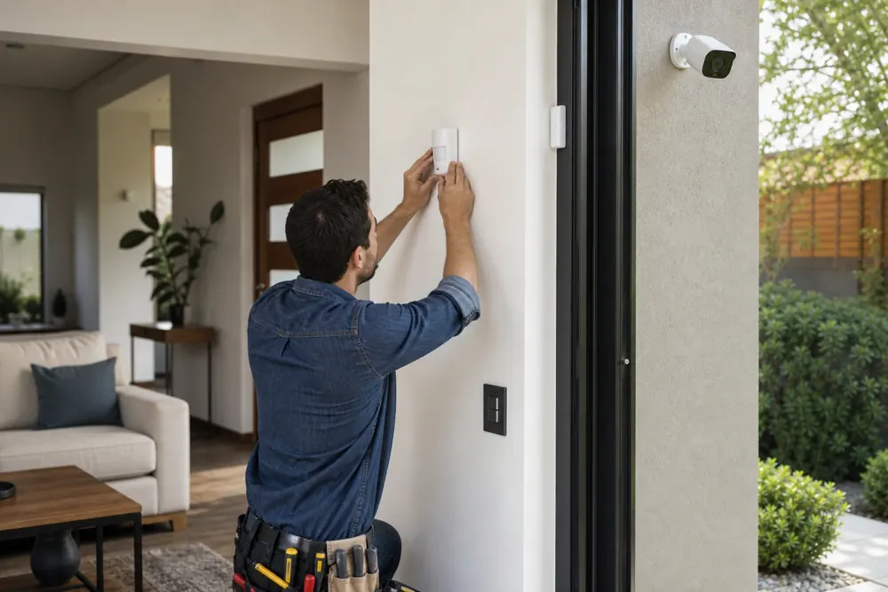 Técnico instalando un sensor de alarma en una casa