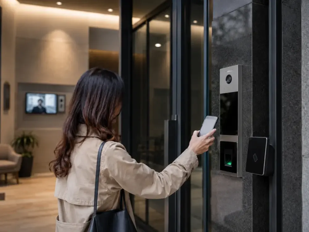Residente abriendo el acceso de un edificio con su celular en el lector
